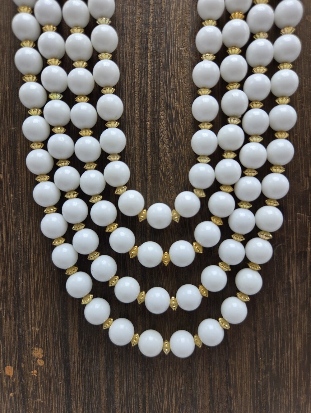 Signed 60's Hong Kong White Beaded Necklace Gold Tone 4 Strand Adjustable Vtg